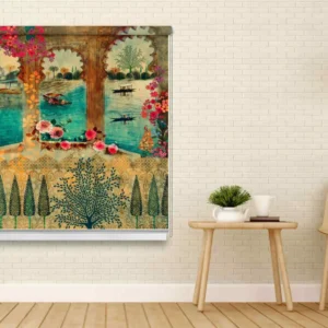 Artistic Scenic Kashmiri Lake View Window Roller Blind with lake view, floral frame, and Mughal-style arch design in warm and vibrant colors