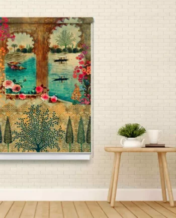 Artistic Scenic Kashmiri Lake View Window Roller Blind with lake view, floral frame, and Mughal-style arch design in warm and vibrant colors