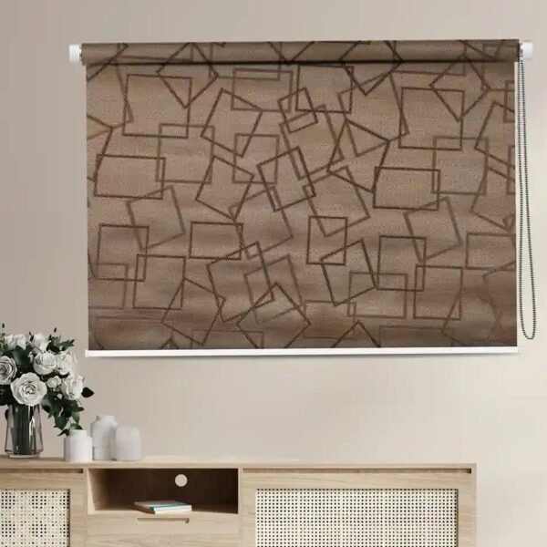 Brown geometric pattern office blinds – premium light-filtering roller blind for home and workplace windows.