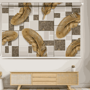 Golden Feather Roller window Blind with geometric marble tile background – modern interior decor for living rooms and bedrooms