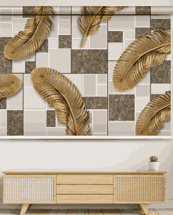 Golden Feather Roller window Blind with geometric marble tile background – modern interior decor for living rooms and bedrooms