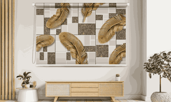 Golden Feather Roller window Blind with geometric marble tile background – modern interior decor for living rooms and bedrooms