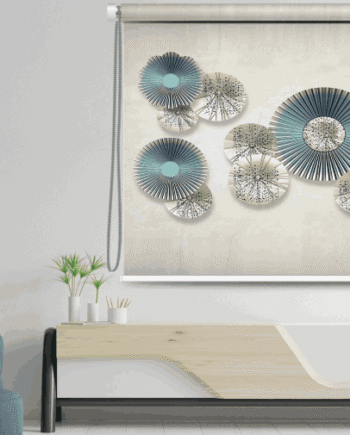 Modern eal & Neutral Tones Art Window Roller Blind featuring abstract floral fan motifs in teal blue, gold, and black on a neutral beige background – elegant wall decor for living spaces