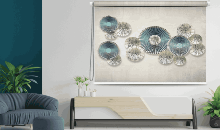 Modern Teal & Neutral Tones Art Window Roller Blind - Custom Fit Window Blind with UV Protection (From ₹159/sq.ft) | Parker Window Blinds