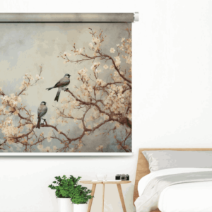 Nature Inspired Bird and Cherry Blossom Roller Blind with vintage-style artwork of cherry blossom branches and perched birds on a misty background – serene nature-inspired bedroom decor