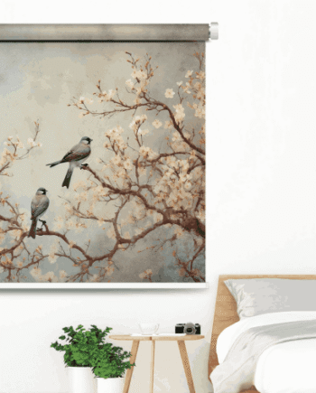 Nature Inspired Bird and Cherry Blossom Roller Blind with vintage-style artwork of cherry blossom branches and perched birds on a misty background – serene nature-inspired bedroom decor
