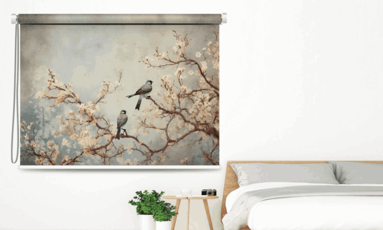 Nature Inspired Bird and Cherry Blossom Roller Blind - Custom Fit Window Blind with UV Protection (From ₹159/sq.ft) | Parker Window Blinds