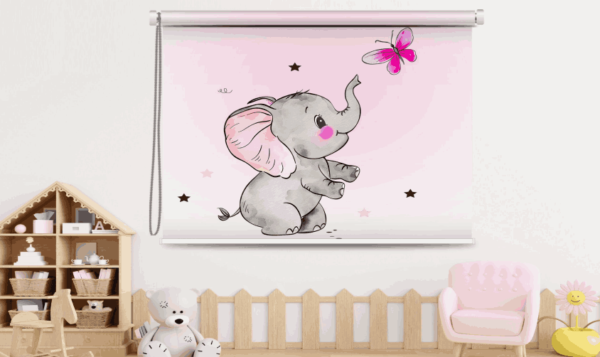 Window Roller Blind for Kids Room featuring a baby elephant with pink ears reaching for a butterfly on a soft pink background – charming nursery decor
