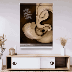Spiritual Lord Ganesha Roller Blind featuring artistic depiction of Lord Ganesha with Sanskrit shloka in sepia tones – perfect for serene and devotional home decor