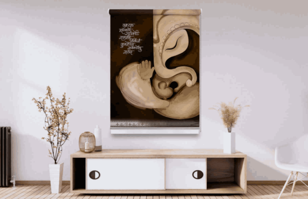 Spiritual Lord Ganesha Roller Blind featuring artistic depiction of Lord Ganesha with Sanskrit shloka in sepia tones – perfect for serene and devotional home decor