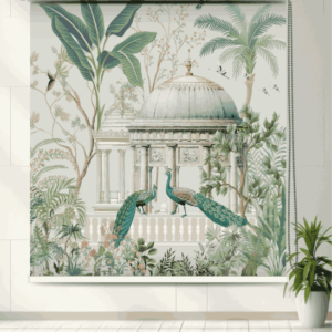 Decorative Tropical Mughal Garden Peacock Roller Blind featuring a tropical garden scene with two vibrant peacocks, lush green foliage, birds, and a classical domed architectural structure in the background.