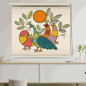 Colorful Bird and Peacock Roller Blind with traditional folk art design featuring four stylized birds under an orange sun, surrounded by leafy branches, mounted in a modern interior with plants and minimalist furniture.