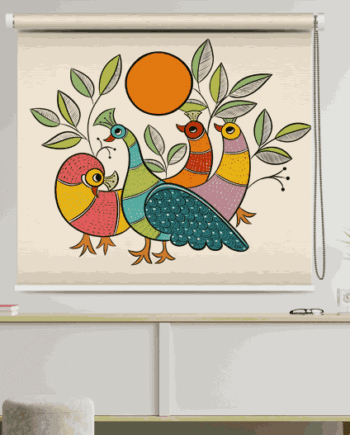 Colorful Bird and Peacock Roller Blind with traditional folk art design featuring four stylized birds under an orange sun, surrounded by leafy branches, mounted in a modern interior with plants and minimalist furniture.