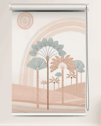 Palm Desert Arch Sunrise Roller Blind features a minimalist desert landscape with stylized palm trees, soft pastel tones of beige and blue, abstract sun, and layered arch patterns, blending contemporary and tropical aesthetics.