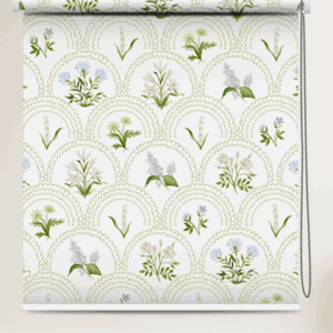 Vintage Meadow Botanical Floral Roller Blind with a repeating pattern of delicate botanical illustrations, featuring white and light blue flowers framed by scalloped green arches on a white background, evoking a vintage garden aesthetic.