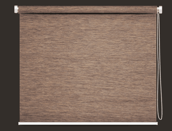 Rustic walnut blackout roller blind featuring rich wood-textured weave.