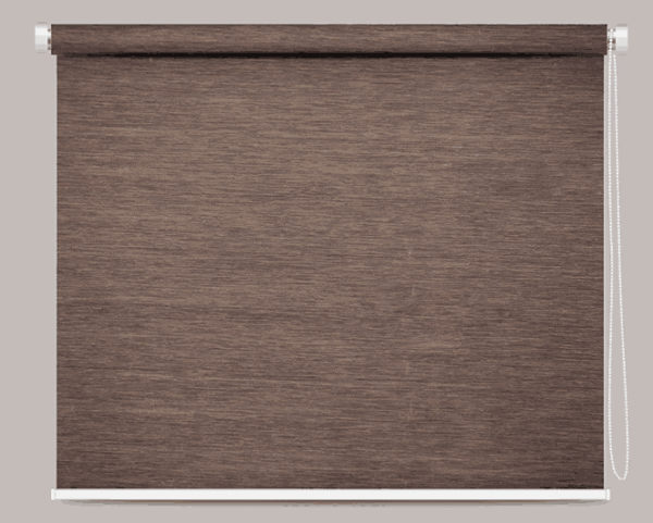 Dark espresso blackout roller blind with deep brown horizontal grain pattern