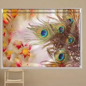 Artistic Peacock Feather & Autumn Leaves Roller Window Blind with vibrant peacock feather print and autumn leaves design, featuring colorful feathers in green, blue, and gold tones on a soft gradient background, perfect for artistic home decor.