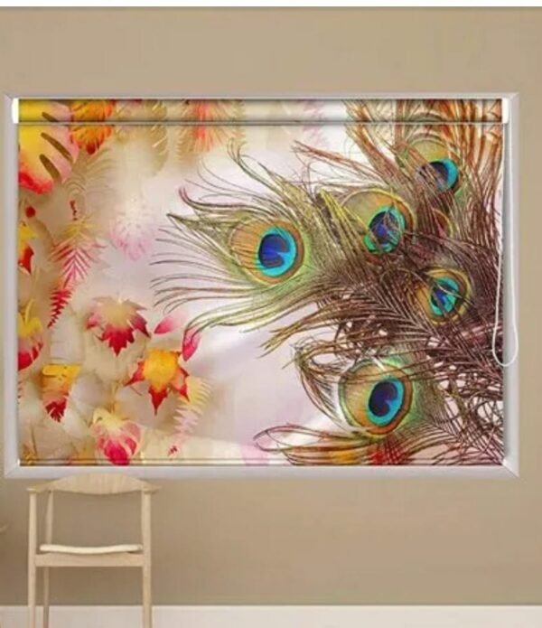 Artistic Peacock Feather & Autumn Leaves Roller Window Blind with vibrant peacock feather print and autumn leaves design, featuring colorful feathers in green, blue, and gold tones on a soft gradient background, perfect for artistic home decor.
