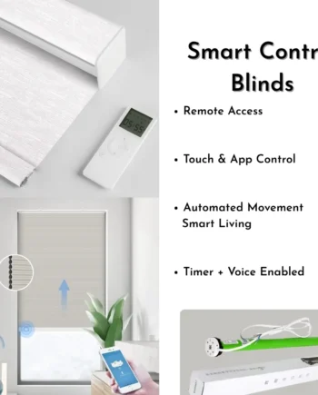 Smart home automated blinds motor with remote control, mobile app, and voice assistant integration."