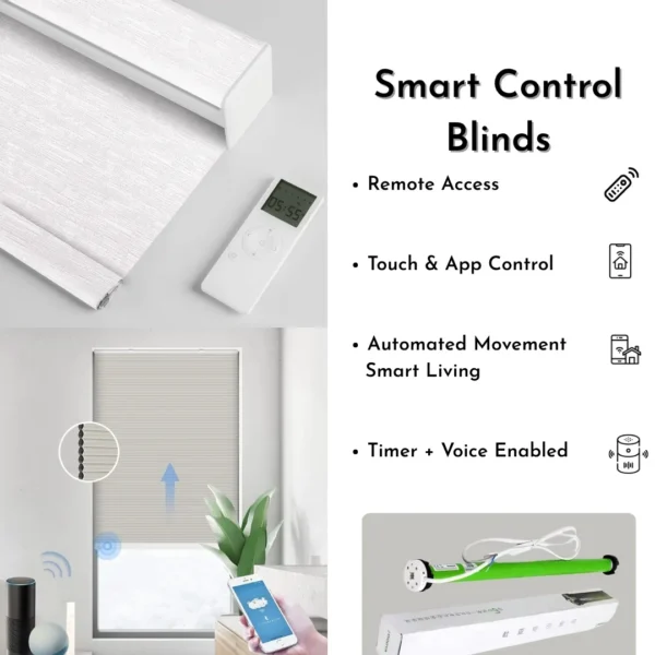 Smart home automated blinds motor with remote control, mobile app, and voice assistant integration."