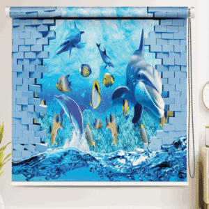 3D dolphin underwater roller blind with cracked brick wall effect