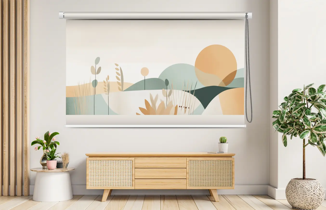 Abstract Landscape Roller Blind with Earth Tone Sun and Hills