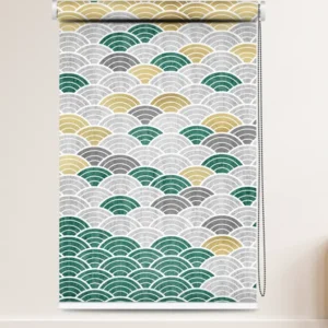 Art Deco Wave Roller Blind with teal, gold, and grey scallop pattern on white background