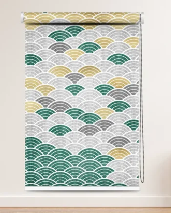 Art Deco Wave Roller Blind with teal, gold, and grey scallop pattern on white background
