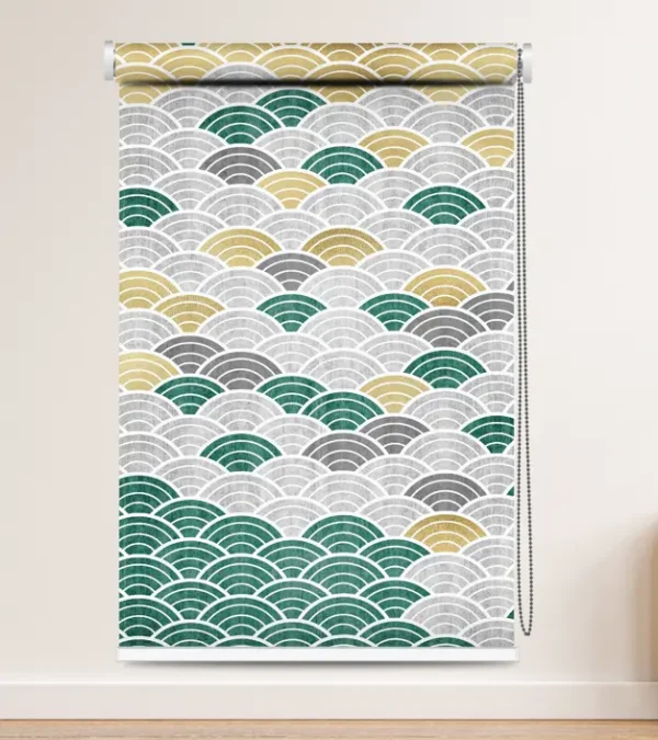 Art Deco Wave Roller Blind with teal, gold, and grey scallop pattern on white background