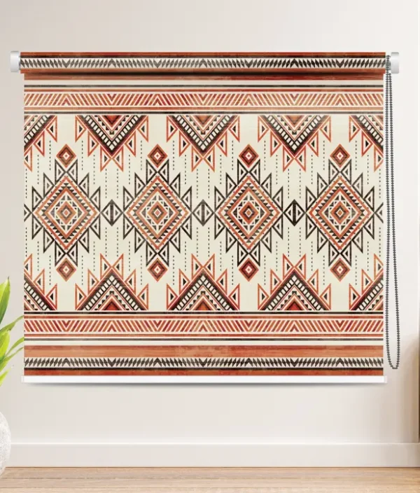 Aztec Tribal Pattern Geometric Roller Blind with Aztec tribal geometric pattern in earthy terracotta, cream, and black tones