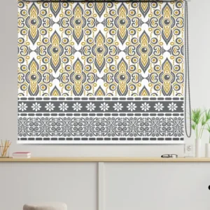 Bohemian mandala and floral roller blind in yellow, white, and charcoal with ethnic motifs