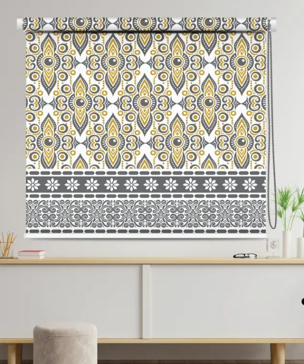 Bohemian mandala and floral roller blind in yellow, white, and charcoal with ethnic motifs