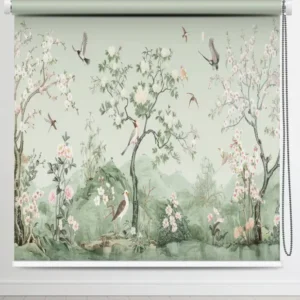 Botanical Birdsong Roller Blind with birds and flowering trees in watercolor style
