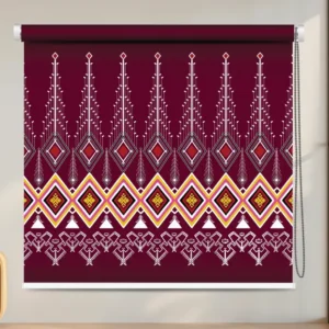 Burgundy Tribal-Inspired Diamond Pattern Roller Blind with symmetrical ethnic diamond pattern in white, red, and yellow tribal design