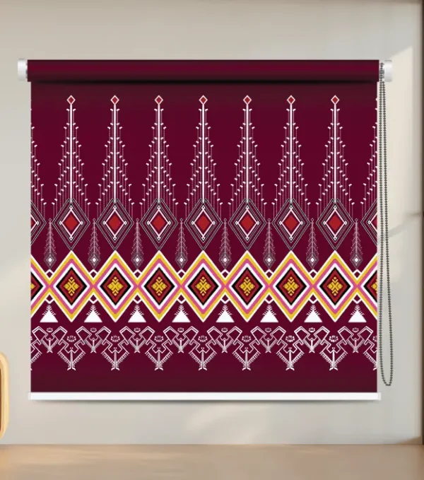 Burgundy Tribal-Inspired Diamond Pattern Roller Blind with symmetrical ethnic diamond pattern in white, red, and yellow tribal design