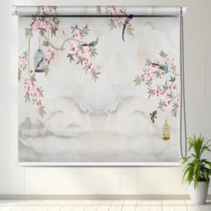 Cherry Blossom & Caged Bird Design Roller Blind with bird and cage design