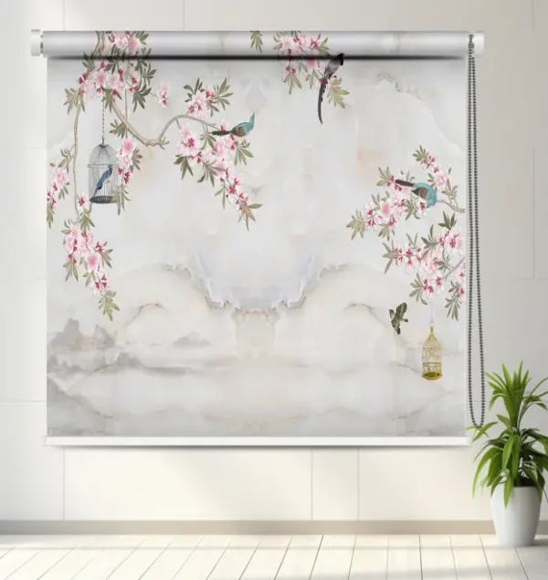 Cherry Blossom & Caged Bird Design Roller Blind with bird and cage design