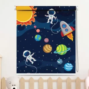 Cosmic Fun Roller Blind for Nursery & Playroom with astronauts, rocket, sun, and colorful planets – fun nursery window shade