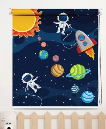 Cosmic Fun Roller Blind for Nursery & Playroom with astronauts, rocket, sun, and colorful planets – fun nursery window shade