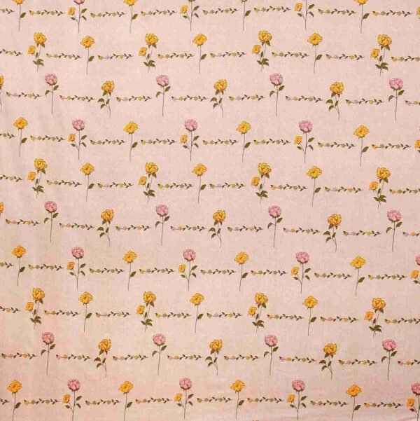 Floral Super King Size Bedsheet in Peach with Yellow & Pink Blooms closeup image