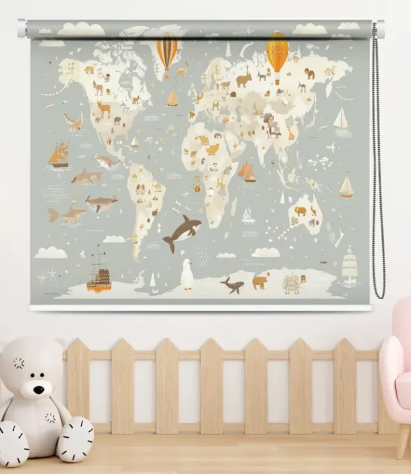 Educational World Map Animal Adventure Roller Blind