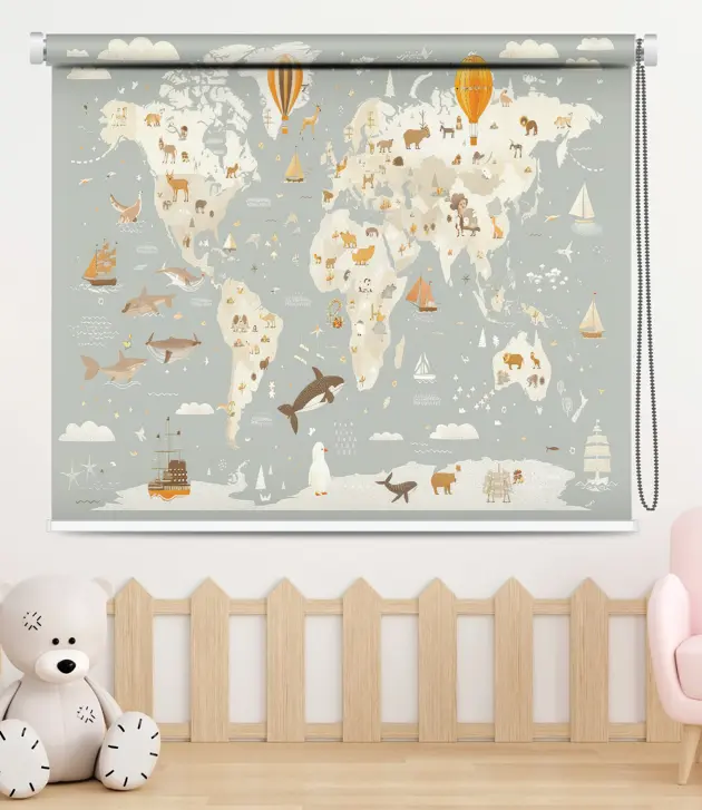 Educational World Map Animal Adventure Roller Blind