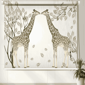 Elegant Giraffe Roller Blind with Nature Motif with kissing giraffes and botanical leaves on a soft neutral background for safari-themed interior decor
