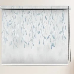 Elegant Hanging Leaf Pattern Roller Blind with cascading blue hanging leaf pattern on soft grey background