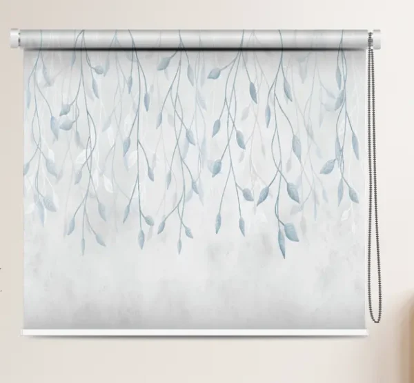 Elegant Hanging Leaf Pattern Roller Blind with cascading blue hanging leaf pattern on soft grey background