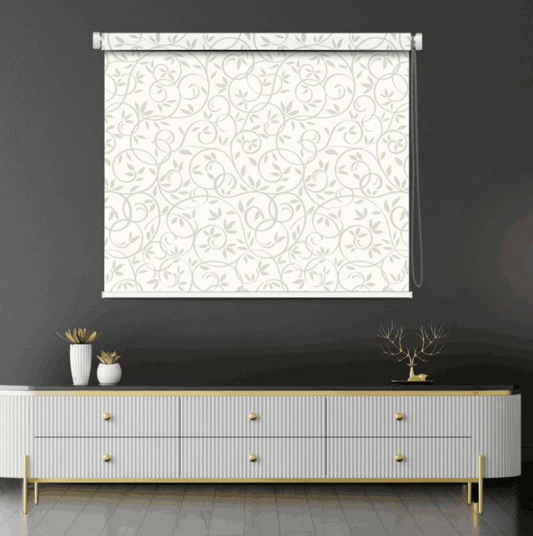Elegant White Leaf Pattern Roller Blind - Custom Fit Window Blind with UV Protection (From ₹159/sq.ft) | Parker Window Blinds