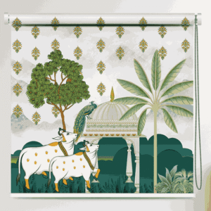 Ethnic Cow & Peacock Heritage Roller Blind featuring sacred cows, peacock, temple dome, trees, and foliage in traditional artwork style