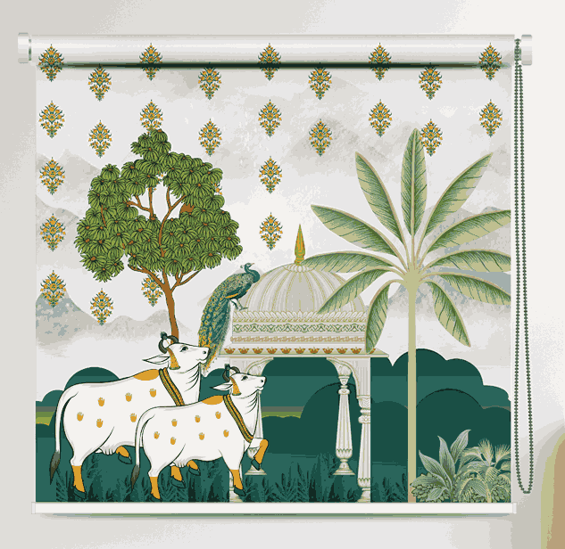 Ethnic Cow & Peacock Heritage Roller Blind