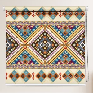 Colorful tribal ethnic geometric pattern roller blind with diamond designs in blue, red, yellow, and beige